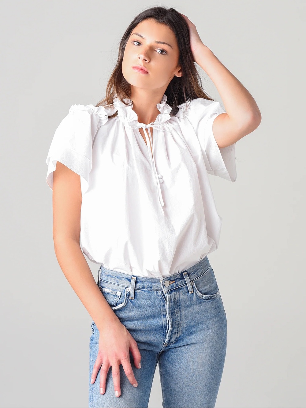 HUNTER BELL Millie Top White Ruffled Neck Short Sleeve Cotton Poplin Top Small
